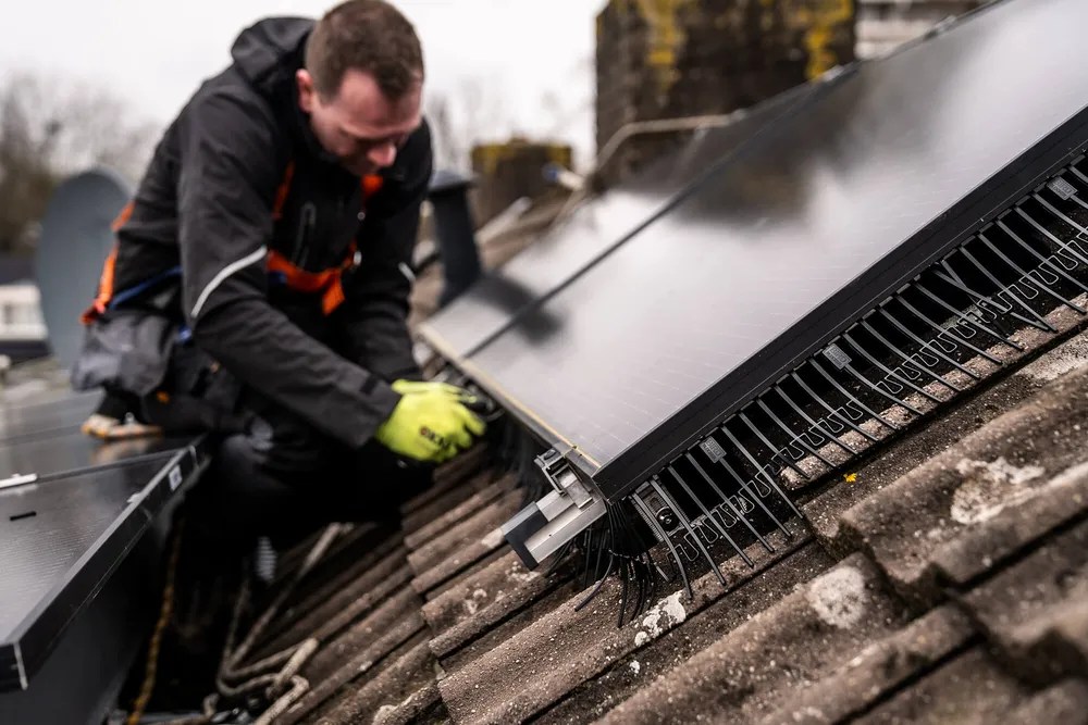 Técnico a instalar BirdBlocker em painéis solares residenciais
