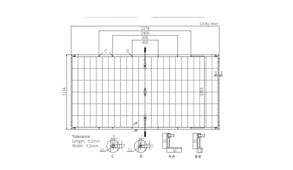 Ficha técnica de um painel solar com secções A-A e B-B para verificar se são necessários BB-BoxClip-50s