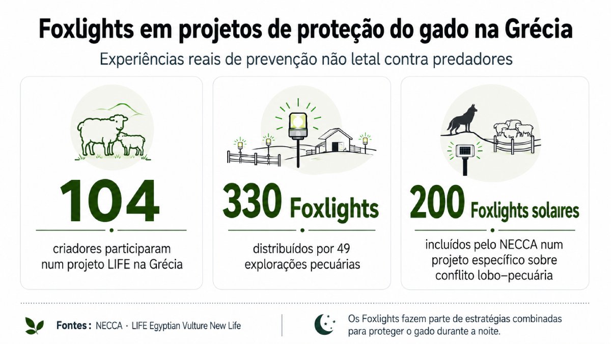 Dados sobre a utilização de Foxlights em projetos de proteção do gado contra lobos na Grécia
