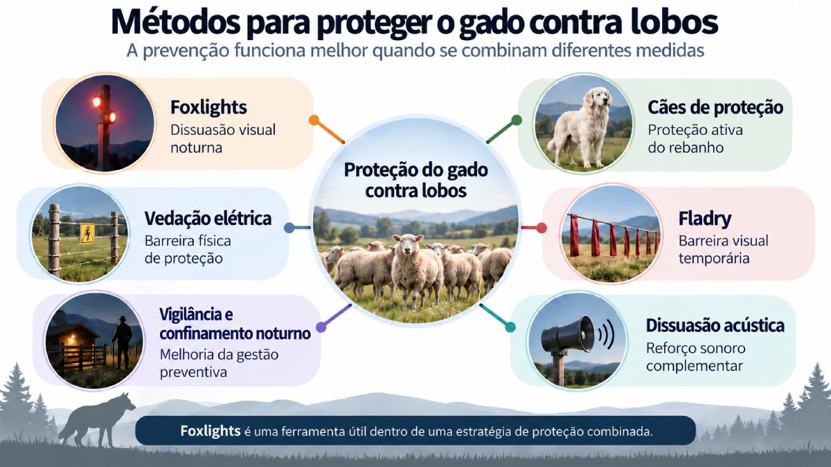 Métodos para proteger o gado contra lobos combinando Foxlights, cães de proteção e vedações